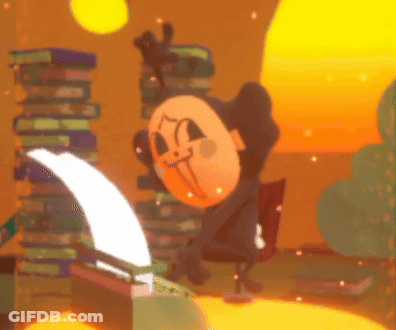 Cartoon Character In Front Of Stack Of Books GIF