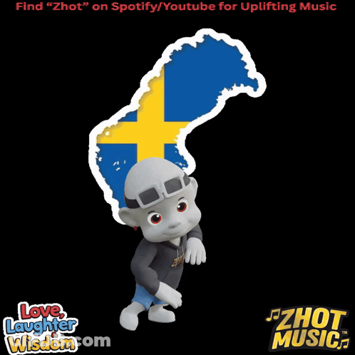 Cartoon Character In Front Of Sweden Map With Love Laughter Wisdom GIF