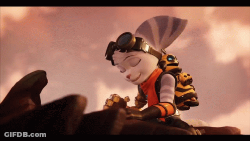 Cartoon Character In Goggles With Stuffed Animal On Back GIF