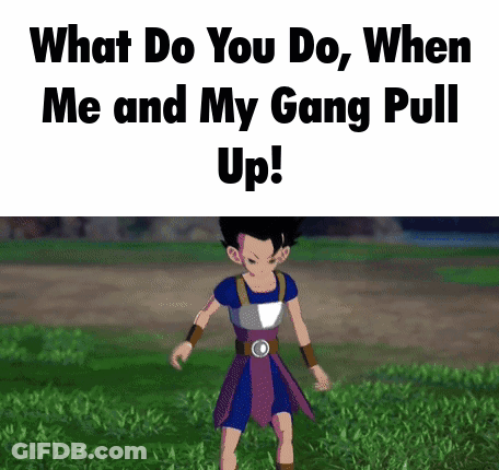 Cartoon Character In Grass Saying What Do You Do When Me And My Gang Pull Up GIF