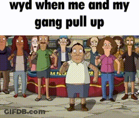 Cartoon Character In Grassy Field Saying What Do You Do When Me And My Gang Pull Up GIF