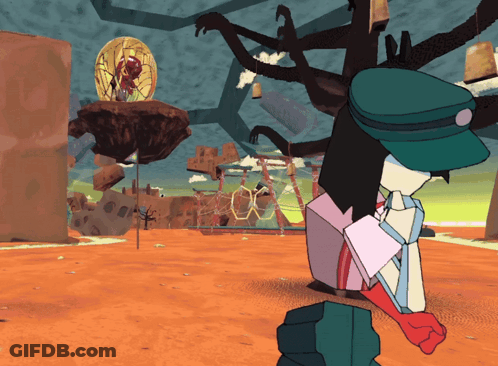 Cartoon Character In Green Hat In Front Of Statue GIF
