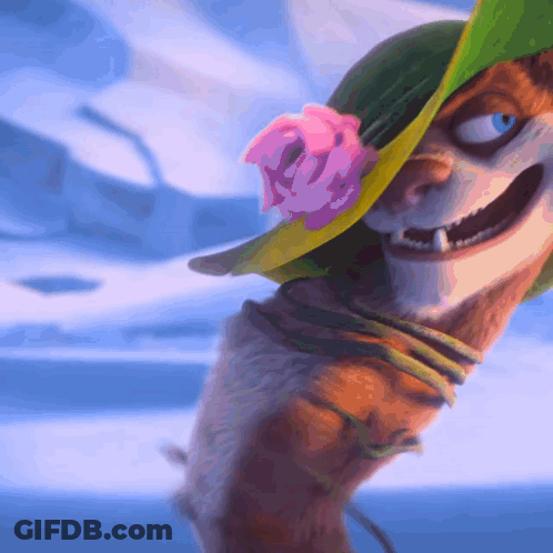 Cartoon Character In Green Hat With Pink Flower GIF