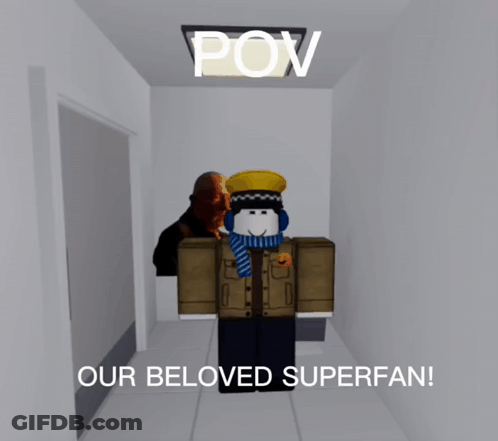 Cartoon Character In Hallway Saying Our Beloved Superfan GIF