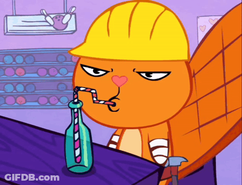 Cartoon Character In Hard Hat Drinking From Bottle With Straw GIF