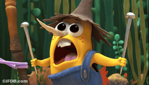 Cartoon Character In Hat And Overalls Holding Two Sticks GIF