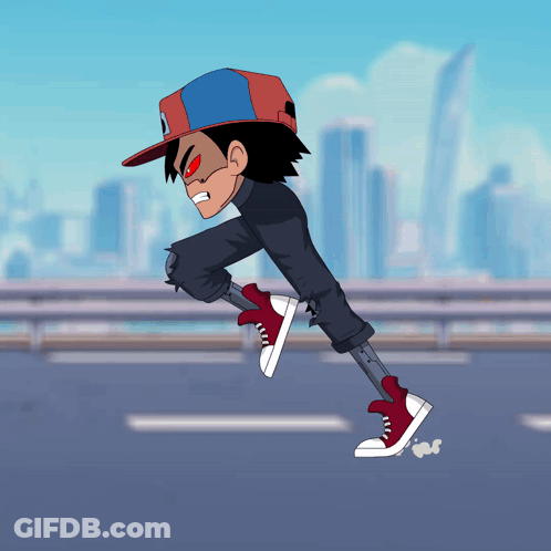 Cartoon Character In Hat And Red Shoes Running Down Street GIF