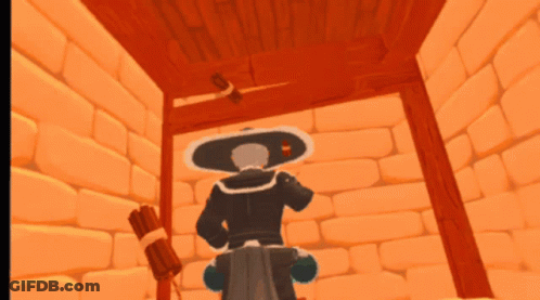 Cartoon Character In Hat Standing In Brick Room GIF