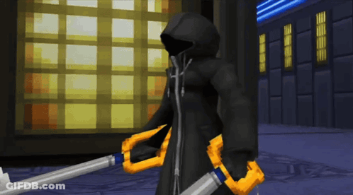 Cartoon Character In Hooded Coat Holding Two Swords GIF