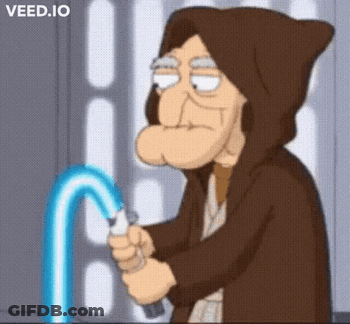 Cartoon Character In Hooded Robe Holding Blue Lightsaber GIF