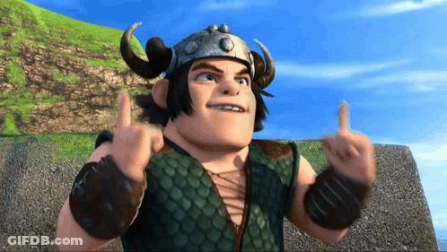 Cartoon Character In Horned Helmet And Green Vest Giving Middle Finger GIF