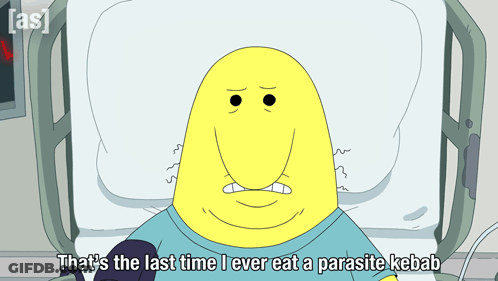 Cartoon Character In Hospital Bed Saying That's The Last Time I Ever Eat A Parasite Kebab GIF