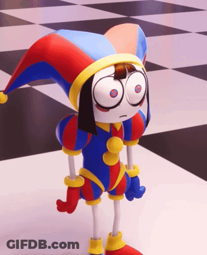 Cartoon Character In Jester Costume On Checkerboard Floor GIF