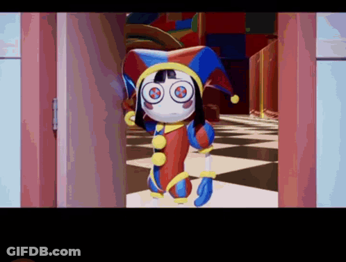 Cartoon Character In Jester Costume Standing In Hallway GIF