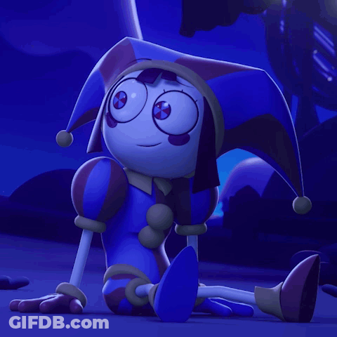 Cartoon Character In Jester Hat Sitting Down GIF