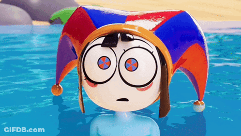 Cartoon Character In Jester Hat Standing In Pool GIF