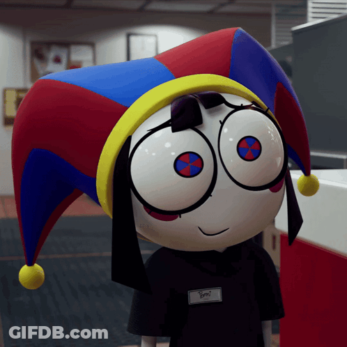 Cartoon Character In Jester Hat With Berni Name Tag GIF