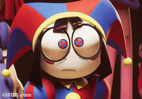 Cartoon Character In Jester Hat With Red And Blue Eyes GIF