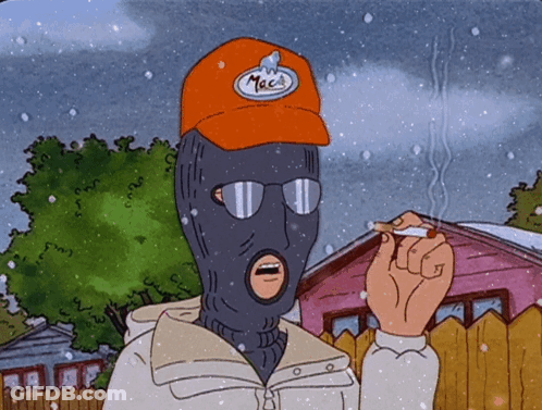 Cartoon Character In Mask And Mac's Hat Smoking GIF