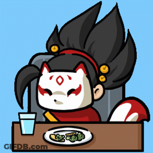 Cartoon Character In Mask At Table With Food And Water GIF
