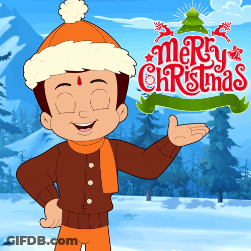 Cartoon Character In Orange Hat And Scarf In Front Of Merry Christmas Banner GIF