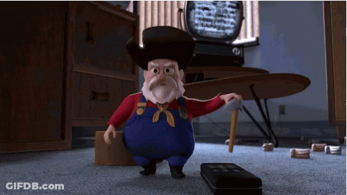 Cartoon Character In Overalls And Cowboy Hat Holding Cane GIF