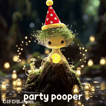Cartoon Character In Party Hat Saying Party Pooper GIF