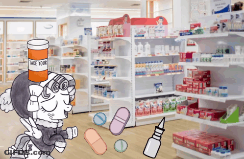 Cartoon Character In Pharmacy With Take Your Bottle GIF