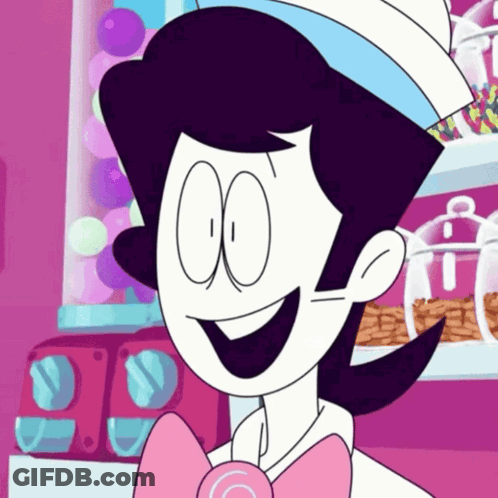 Cartoon Character In Pink Bow Tie And Hat Smiling At Gumball Machine GIF