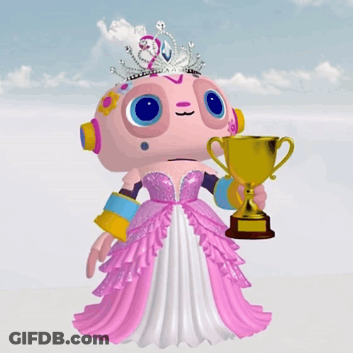 Cartoon Character In Pink Dress Holding Gold Trophy GIF