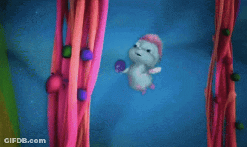 Cartoon Character In Pink Hat Hanging GIF