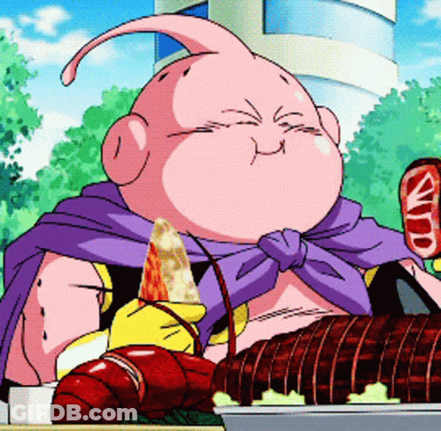 Cartoon Character In Purple Cape Eating Meat GIF