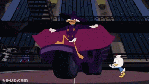 Cartoon Character In Purple Cape Next To Duck On Motorcycle GIF