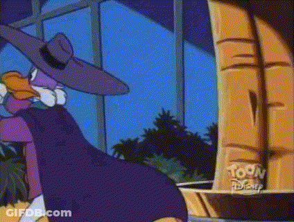 Cartoon Character In Purple Hat And Cape By Window GIF