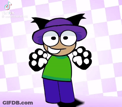 Cartoon Character In Purple Hat And Green Shirt With Paws GIF