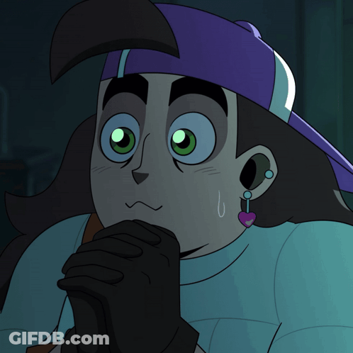 Cartoon Character In Purple Hat And Heart Earrings GIF