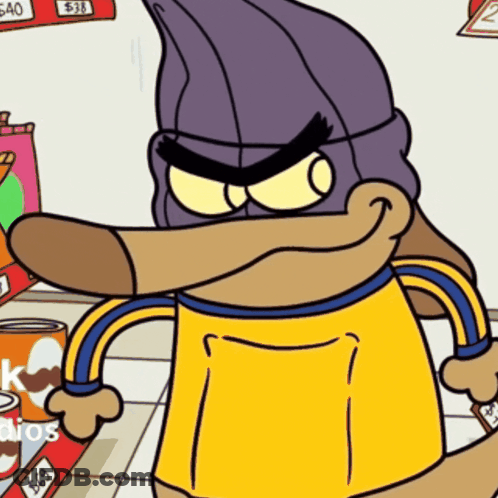 Cartoon Character In Purple Hat And Yellow Shirt By $38 Sign GIF