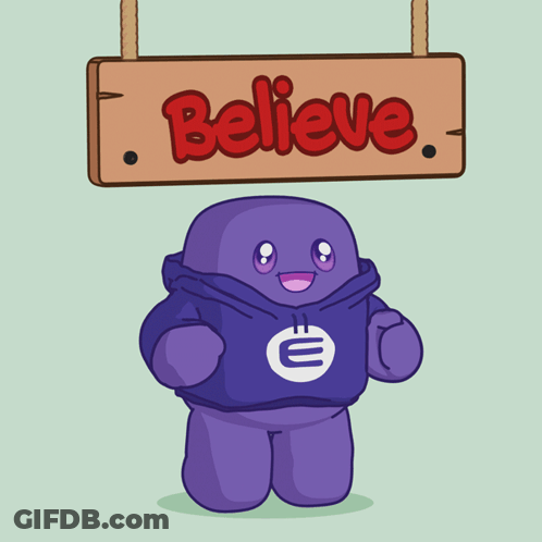 Cartoon Character In Purple Hoodie Under Believe Sign GIF