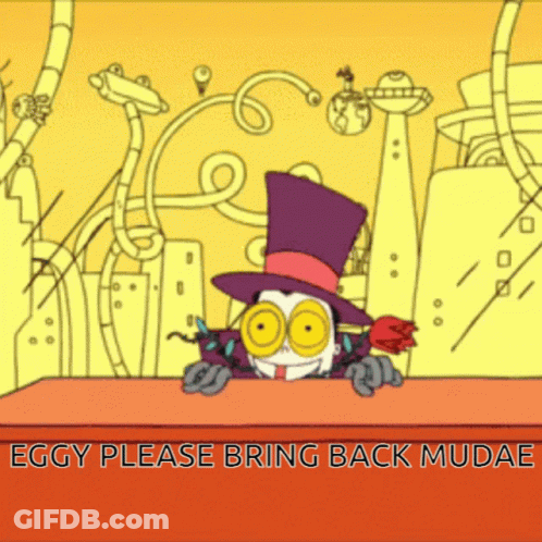 Cartoon Character In Purple Top Hat And Red Rose Asking Eggy To Bring Back Mudae GIF