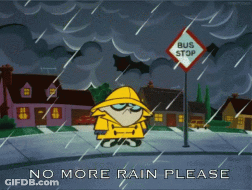 Cartoon Character In Raincoat At Bus Stop GIF