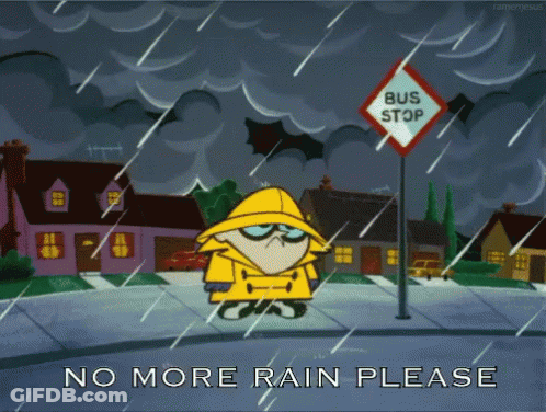 Cartoon Character In Raincoat At Bus Stop GIF