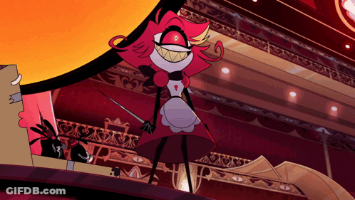 Cartoon Character In Red Dress Holding Sword And Smiling GIF