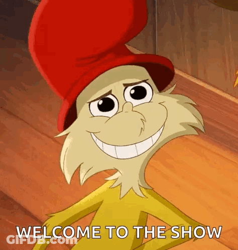 Cartoon Character In Red Hat Smiling Says Welcome To The Show GIF