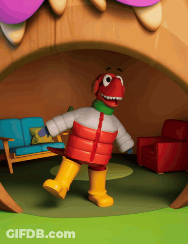 Cartoon Character In Red Jacket And Yellow Rain Boots GIF