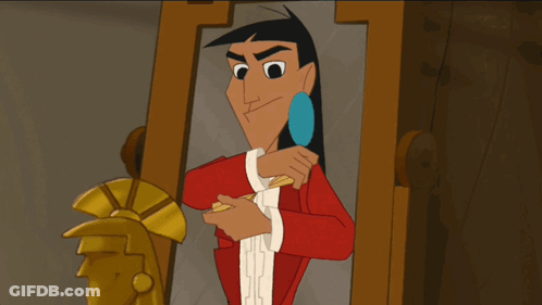 Cartoon Character In Red Jacket Looking In Mirror GIF