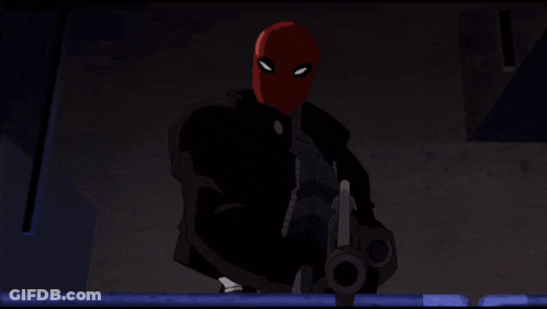 Cartoon Character In Red Mask Holding Gun GIF