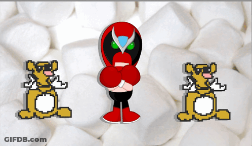 Cartoon Character In Red Mask With Marshmallows GIF