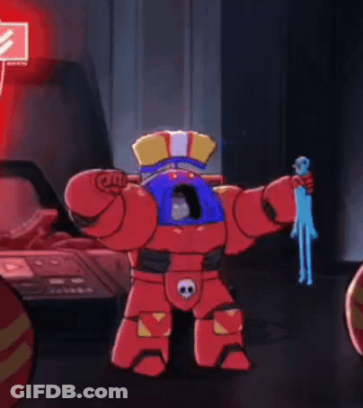 Cartoon Character In Red Suit Holding Blue Object GIF