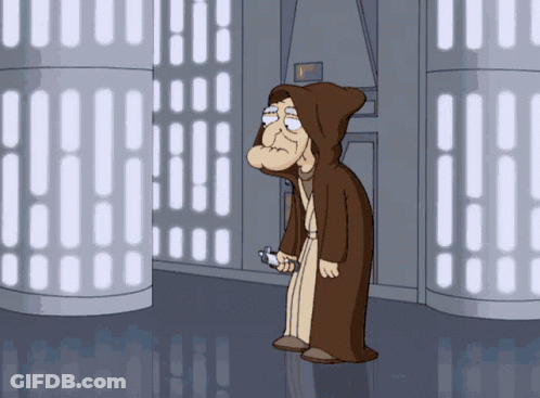 Cartoon Character In Robe Holding Lightsaber GIF