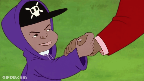 Cartoon Character In Skull Hat Shaking Hands With Another GIF